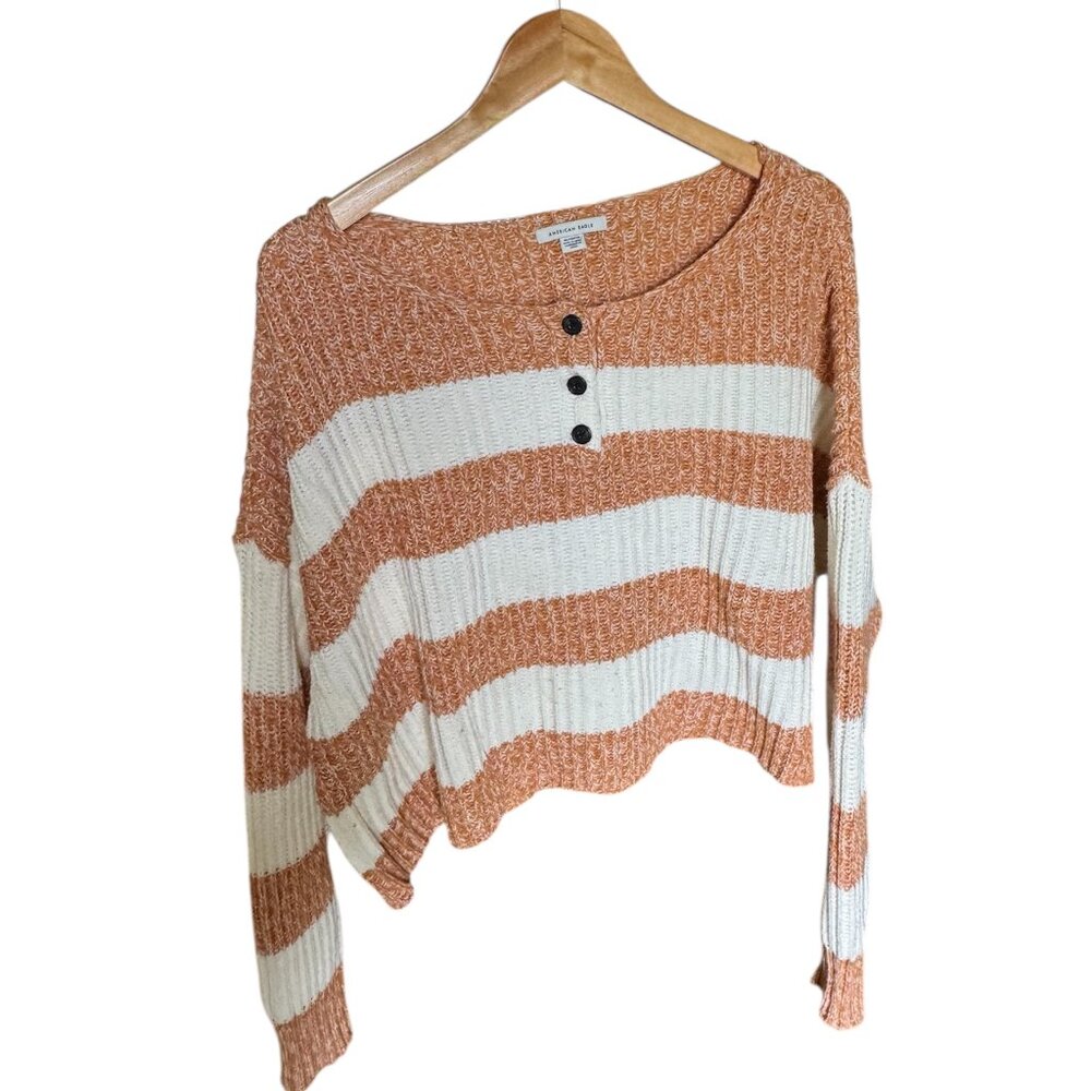 American Eagle Outfitters- White & Orange Stripped Sweater w/ Buttons